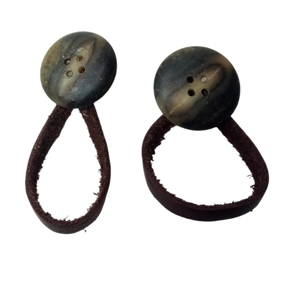 Round Brown Leather Button Hoop earrings - Picture 1 of 2